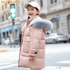 Nova moda casaco de inverno com capuz parka real pele para baixo jaqueta para meninas roupas roupas 5-14 anos adolescente meninas outerwear snowsuit lj201125