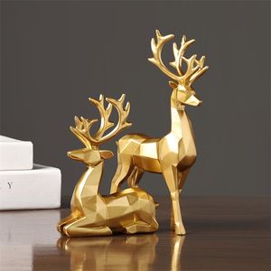 Nordic Christmas Reindeer Figurine 2 Pcs Geometric Resin Sitting Standing Elk Deer Statue For Home Office Decoration He 220115