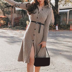 Simplee Casual col montant femmes robe tricotée Automne hiver à manches longues bouton robe High street style femme pull robe LJ200818