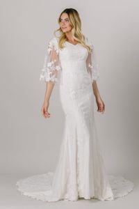 2021 Rendas Sereia Modestas Vestidos de Noiva Flutter Sleeves V Pescoço Religiosas Religiosas Vestidos Noiva Feito Para Order Robe de Mariée