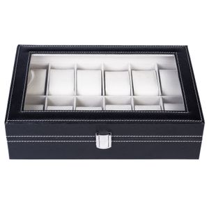 Relógios Coleção Caixa venda por atacado-12 grade relógio de couro caixas de armazenamento de jóias dupla camada elegante coleção de armazenamento relógios de vitrine preto