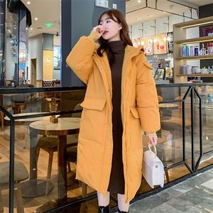 Moda sólida longa densa inverno jaqueta mulheres aquecidas soltas com capuz para baixo parkas de manga cheia com grande bolso senhoras oversize casacos 201210