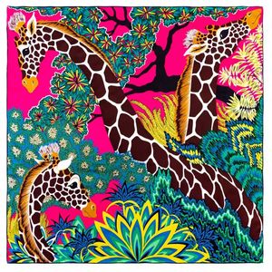 35,5 (Zoll) Jungle Giraffe Marke Schal Frauen Bandana handgemachte gekräuselte Twill Seide Quadrat Luxus Foulard Kopf Schals Schal 220107