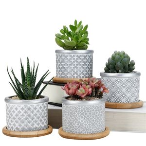 Cement Succulent Planter Pots,Cactus Plant Pot Indoor Small Concrete Herb With Bamboo Tray Grey 4In Set 2.95Inch Y200709