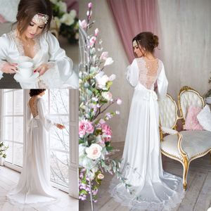 Primavera Casamento Mulheres Nupcial Lingerie Satin Seda Beading Vestidos De Volta Bathrobes Long Nightdress Noiva Kimono Robe com cinto