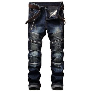 Lavagem em linha reta multi zipper calça homme pleated biker jeans calças masculinas fit design de denim calças para macho