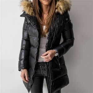 冬のダウンジャケットコートの女性パーカー暖かさの綿パッド入りオーバーコートPUファッションベーシックコート黒の長い外出婦人服201214
