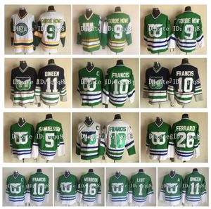 Retro Vintage Hartford Whalers Hockey Jersey 9 Gordie Howe 10 Ron Francis 1 Mike Liut 11 Kevin Dineen 16 Patrick Verbeek 26 Ray Ferraro 5 Ulf Samuelsson Grön Vit