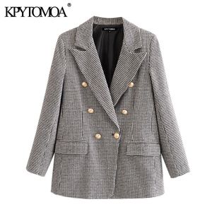 KPYTOMOA 여성 패션 더블 브레스트 houndstooth 블레이저 코트 빈티지 긴 소매 사무실 착용 여성 겉옷 세련된 탑스 201201