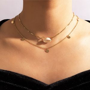 Bohemian Shell Pingente Gravatas Para As Mulheres Encantos Gold Wafer Liga Metal Multi-Camada Chagh Collar Jóias