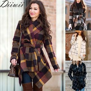 Autumn Winter Stylish and Warm Sashes Trench Women Woolen Plaid Coats Turn-Down Collar Medium långa kvinnliga jackor