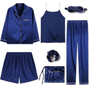 Juli's Song New Sleepwear 7 Pieces Pyjama Set Women Autumn Winter Sexig fläck Faux Silk Sleepwear Pyjamas Soft Nightwear Clothes 201217