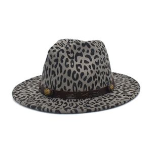 Simple Unisex Flat Brim Wool Felt Jazz Fedora Hats Men Women Leopard Grain Leather Band Decor Trilby Panamal Hats