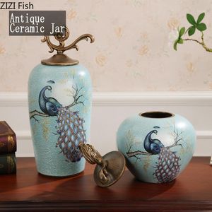 Dekorativa Objekt Figurer Amerikanska Antika Candy Jars Peacock Mönster med Cover Storage Jar Sugar Bowl Smycken Container Organizer Rus