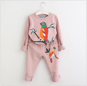 2021 New Spring Autumn Girls Casual Clothing Sets Cartoon Bird Sweatshirt+Pants 2pcs Set Kids Suit Children Outfits