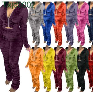 Женщины Velvet Tracksuits Двухструктура набор дизайнерская одежда 2022 Тенденции плиссированные молния с длинным рукавом куртка брюки на нарядах дамы плюс размер 15 цветов