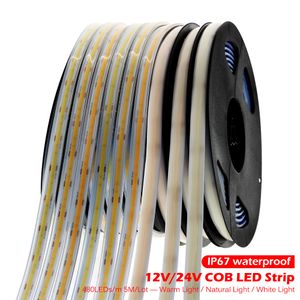 COB LED Strip Light 480 LED-lampor Hög densitet Flexibel 3000K 4000K 6000K IP67 Vattentät LED-tejp DC12V 24V 5m / Lot