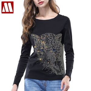 Сияющая бриллиантовая футболка плюс размер женщин повседневные топы леопардовые головы напечатаны полные рукава футболки пуловер футболки Femme 220212