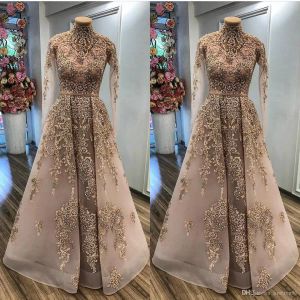 Luxurious Lace Beaded 2022 African Dubai Evening Dresses High Neck Long Sleeves Prom Dresses Vintage Formal Party Bridesmaid Pageant Gowns CG001