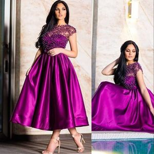 New Sexy Ball Gown Short Prom Dresses Illusion Cap Sleeves Purple Satin Crystal Beads Tea Length Custom Party Tail Evening Gowns