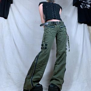 Женские брюки Капри Harajuku Зеленые джинсы Y2k Grunge Women Low Waist Cargo Hip Hop Punk Style Bandage Baggy Retro Long Trousers Gothic Clo