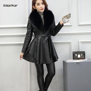 Women's Leather & Faux SWYIVY Jacket Coat Women PU Imitation Fur Collar Mid Long Winter 2021 Female1