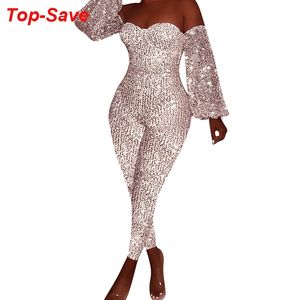 Fall Off Shoulder Puff Sleeve Ladies Jumpsuits Elegant Streetwear Festival Temperament Silver Sequined Casual Woman Overall 201007