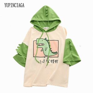 Kvinnor Dinosaur Kortärmad Hooded Cotton T Shirt Sommar med Horns Harajuku Hooded Girls Teens Green Tops Tees YePinciaga T200512