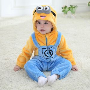 New Animal Baby Romper Yellow Minions Bebe Infant Clothing Baby Boy Girl Clothes Cartoon Flannel Hooded Jumpsuit Costume 201030