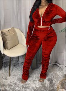 Women Clothing Two Piece Set Fashion Velvet Pleated Zipper Long Sleeve Jacket Trousers Outfits Ladies Solid Plus Size Casual Suit New