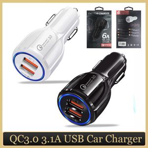 QC3.0 USB быстрая зарядка 3.1A Автомобильное зарядное устройство с розничной коробкой CE FCC ROHS Сертифицированный двойной порт Быстрые зарядные устройства для iPhone Samsung Huawei Xiaomi