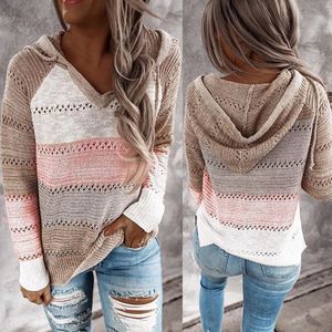 Herbst Winter Pullover Frauen Hohl Langarm Pullover Hoodie Tops V-ausschnitt Patchwork Beiläufige Gestrickte Elegante Pullover Jumper 201111