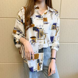 Kobieta 3D Retro Drukowanie Bluzki Trend Moda Casual Casual Collar Collar COP Top Designer Famale Wiosna Długi Rękaw Długi Rękaw Szyfonowe Koszulki