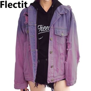 Flectit Harajuku Street Style Ombre Wash Oversized Frayed Denim Jacket For Women Faded Purple Jeans Jacket Grunge veste femme 201112
