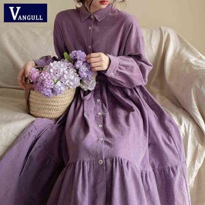 Vangull Mode Cord Kleid Frauen Plus Größe Weibliche Kleid drehen-unten Kragen Langarm Gürtel Einreiher Harajuku Kleid g0214