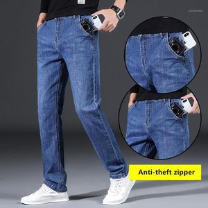 Anti-Diebstahl-Reißverschluss-Jeans für Herren, klassischer Stil, rauchgrau, gerade, Stretch, bequeme Denim-Hose, Herrenhose, Marke, Blau für Herren