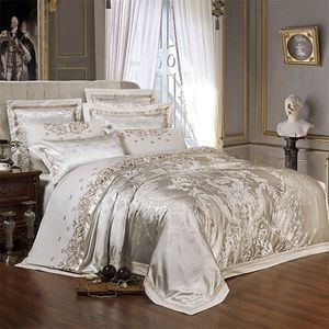 Sliver Gold Luksusowy Jedwabniczy Satin Jacquard Duvet Cover Set Set Królowa King Size Haft łóżko Zestaw Bed Arkusz / Dopasowany zestaw arkuszy 201022