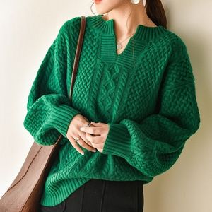 Outono inverno cashmere camisola mulher retro verde v-pescoço pulôver tourão roupas roupas enorme manga longa de malha 210203