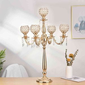 5 Arme Metall Candelabra Home Holiday Dekorationstisch Mittelstücke Kristallkerzenhalter für Hochzeitsfeier Candlestick 220208