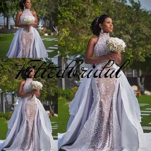 Plus Szie African Bröllopsklänning med avtagbart tåg 2022 Modest High Neck Puffy Skirt Sima Brew Country Garden Royal Wedding Dress