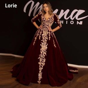 LORIE Elegant Arabic Lace Burgundy Evening Dresses 3/4 Long Sleeves V Neck Velvet Ball Gown Vestidos Formal Party Prom Gowns LJ201120