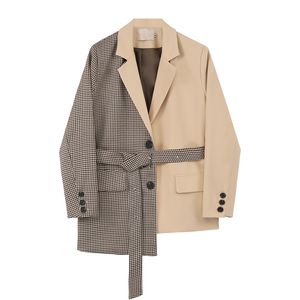 LANMREM 2020 autumn single-breasted suit coat New Korean style asymmetrical stitching fashionable plaid suit for women 2A424 T200828