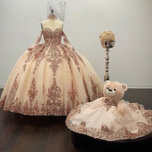 Rose Gold Sparkly Ball Gown Quinceanera Dresses Long Sleeves Off the Shoulder Sequines Applique Sweet 16 Dress Party Wear