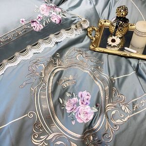 Egípcio Algodão Luxo Rei Queen Size Size Conjunto Bordado Duveta Capas Clássica Blue Rosa Cama Set Couvre Lit de Luxe 201119