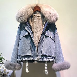 Inverno grosso casaco quente mulheres raposa raposa colar de pele jeans jaqueta novo coreano falso coelho liner luva solta fêmea parka t200915