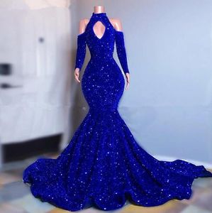 Plus Size Royal Blue Cekiny Mermaid Prom Dresses Eleganckie Długie Rękawy Suknie Wieczorowe Off Ramię Kobiety Formalna Sukienka