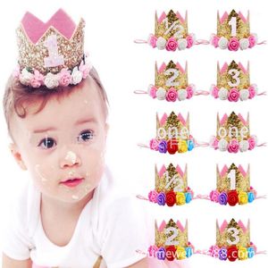 Decorazioni natalizie Baby Girl Primo compleanno Decor Flower Party Cap Crown Fascia per capelli 1 2 3 anni Numero Priness Style Hat Hair Accessory1