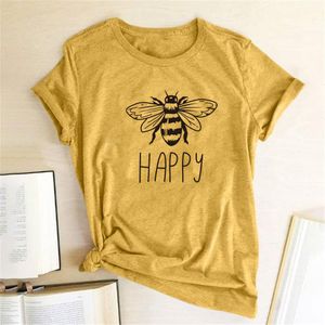 Happy Printed Bee Kind Women Tee T-shirt O-neck Cotton Short Sleeve Casual Shirts Woman Ladies Summer Graphic Tees Tops Clothes