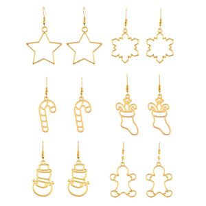 6 Pairs lot Cute Christmas Earrings Hollow Gold Star Snowflakes Snowman Christmas Stocking Charms Earrings for Women Girls Christmas Gift