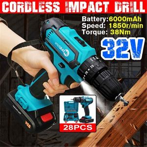 3 I 1 Cordless Electric Drill Hammer Skruvmejsel 32V 2 Speed ​​LED Lighting Impact Drill 38NM 18 + 3 Moment Power Tool med Batteri 201225